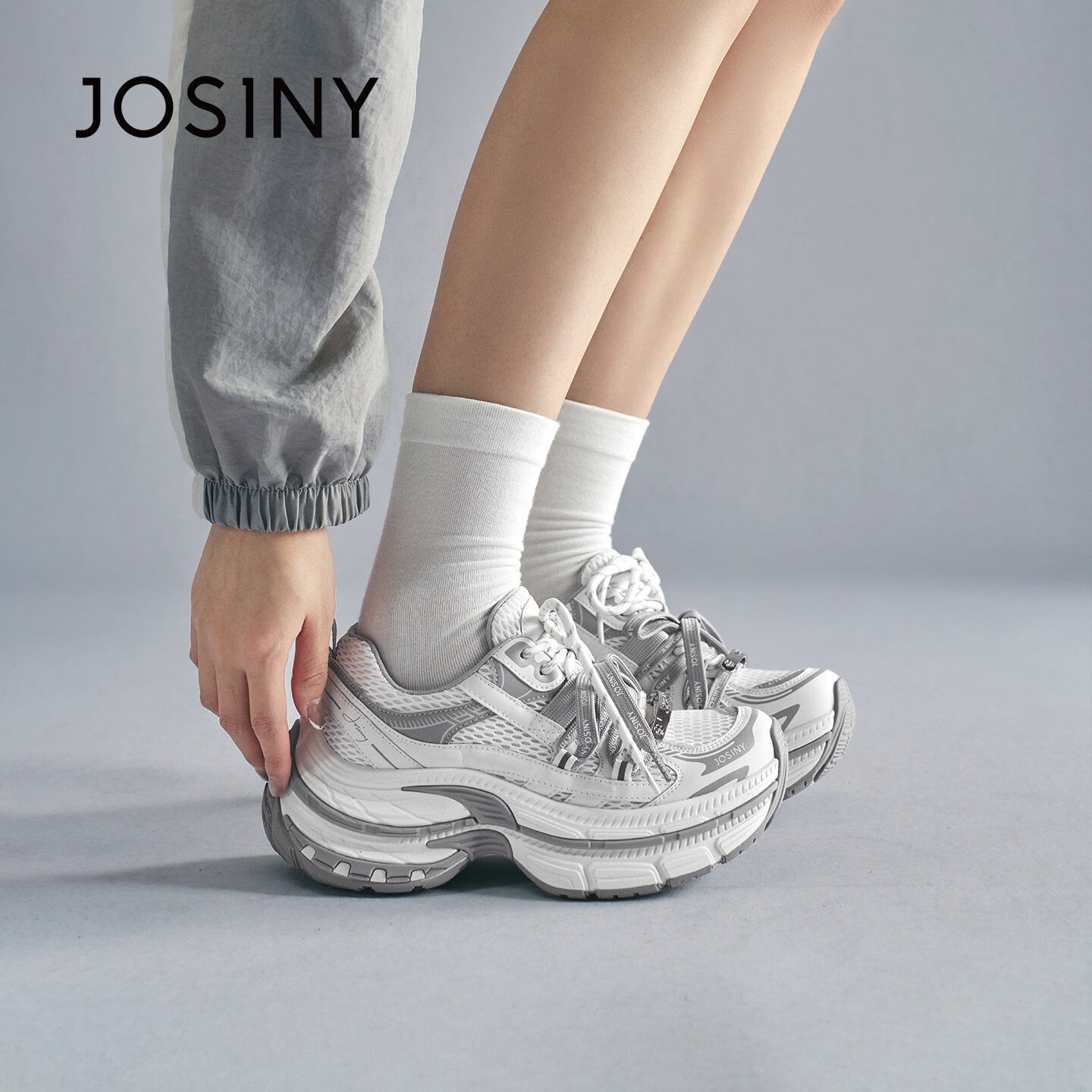 卓诗尼（Josiny）卓诗尼运动鞋2026秋季老爹鞋透气厚底休闲增高鞋时尚百搭系带厚底 米灰色 38