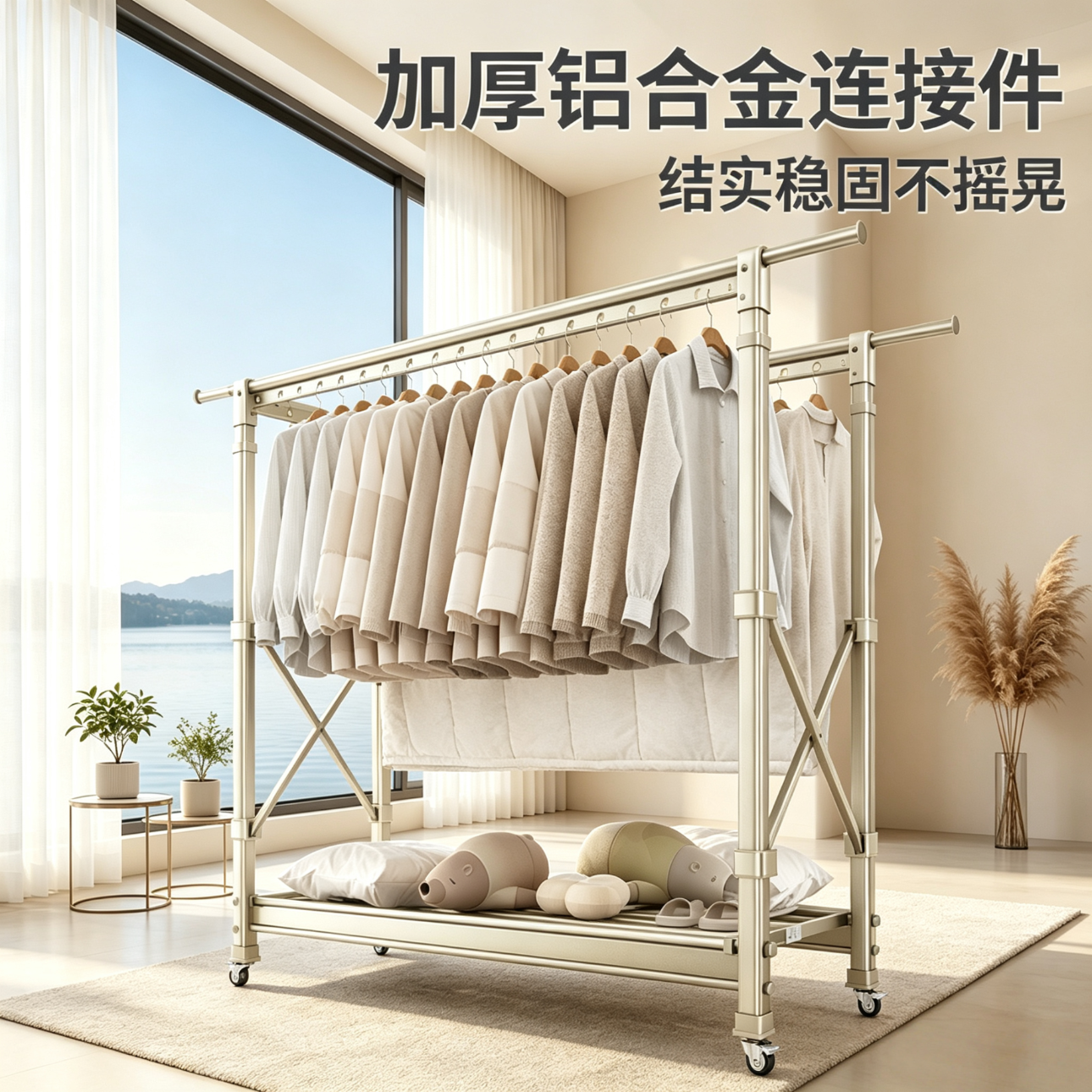 宾太晾衣架落地折叠阳台挂衣架铝合金落地架衣服架子 【香槟灰】1.5米-2.5米+双升降+铝合金鞋架+万向轮