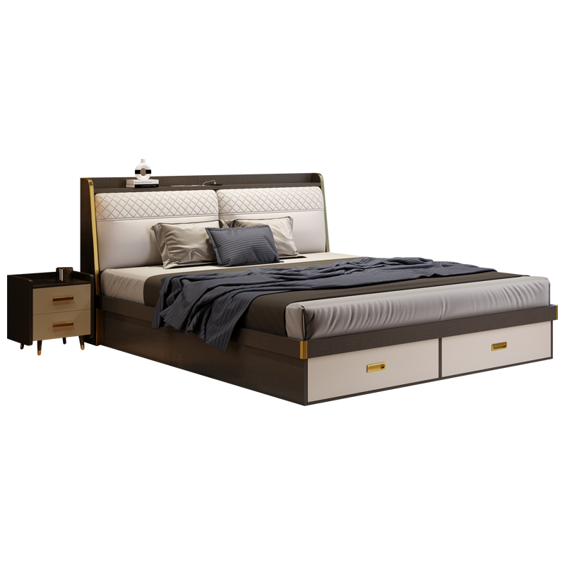 臻享家 床 北欧简约双人床高箱储物床主卧婚床卧室家具 1800*2000【布纹白色】 储物床+7CM【椰棕床垫】