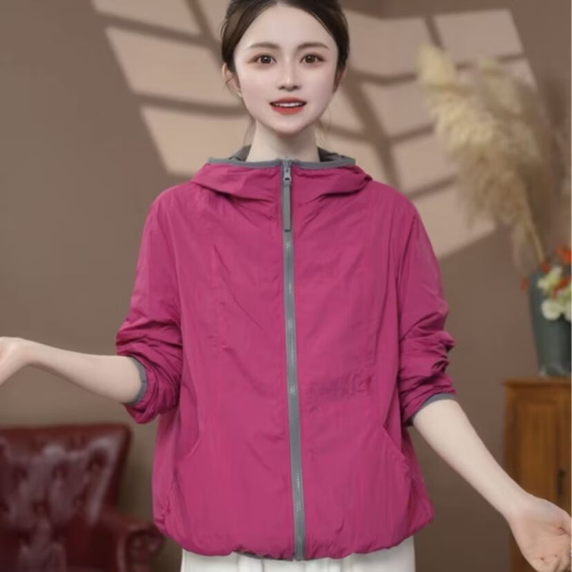 2026新款休闲时尚百搭连帽双面穿短外套上衣女秋夏季薄款 玫红双面 L 建议125-145斤