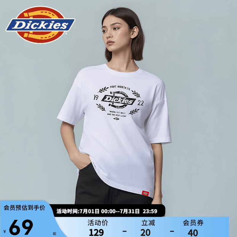 Dickies短袖t恤男纯棉大LOGO夏季美式潮牌字母印花宽松百搭上衣DK012598 白色 S 版型宽松偏大，卡码建议拍小一码