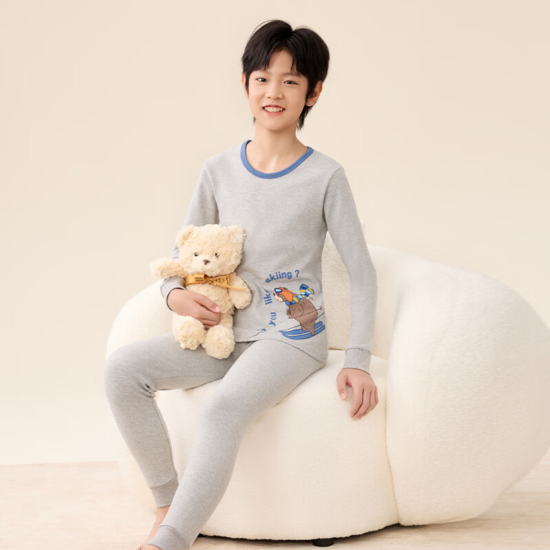 红豆儿童秋衣秋裤套装男女中大童秋冬纯棉保暖内衣套青少年A类棉毛衫 H6M1161麻灰 170