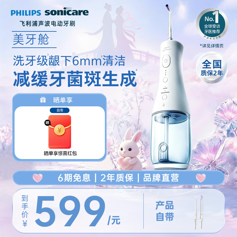 飞利浦（PHILIPS）毕雯珺推荐款牙科级专业冲牙器 洗牙器 家用立式牙齿正畸 2种洁齿模式手持美牙舱  七夕情人节礼物 白色-HX3826/31 2支喷头