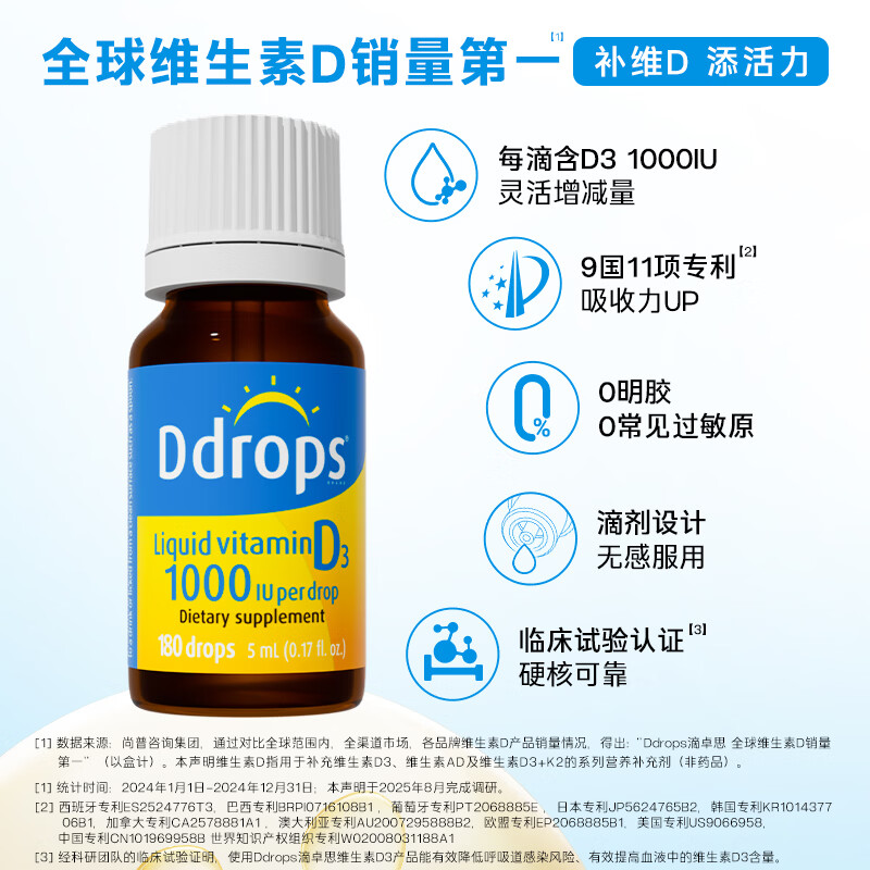 Ddrops滴卓思维生素D3 2000IU 成人中老年维生素D 液体维生素D3补充剂 【18-50岁】成人D3 1000IU 5ml*2瓶
