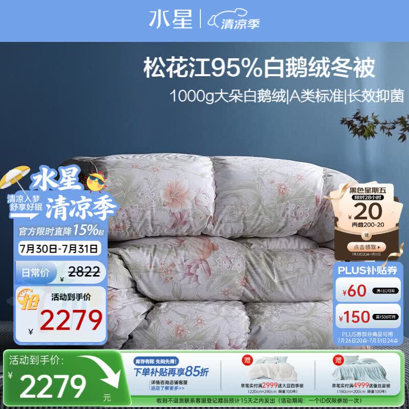 水星家纺羽绒被95%白鹅绒被子冬季加厚冬被芯双人羽绒被200cm×230cm1000g