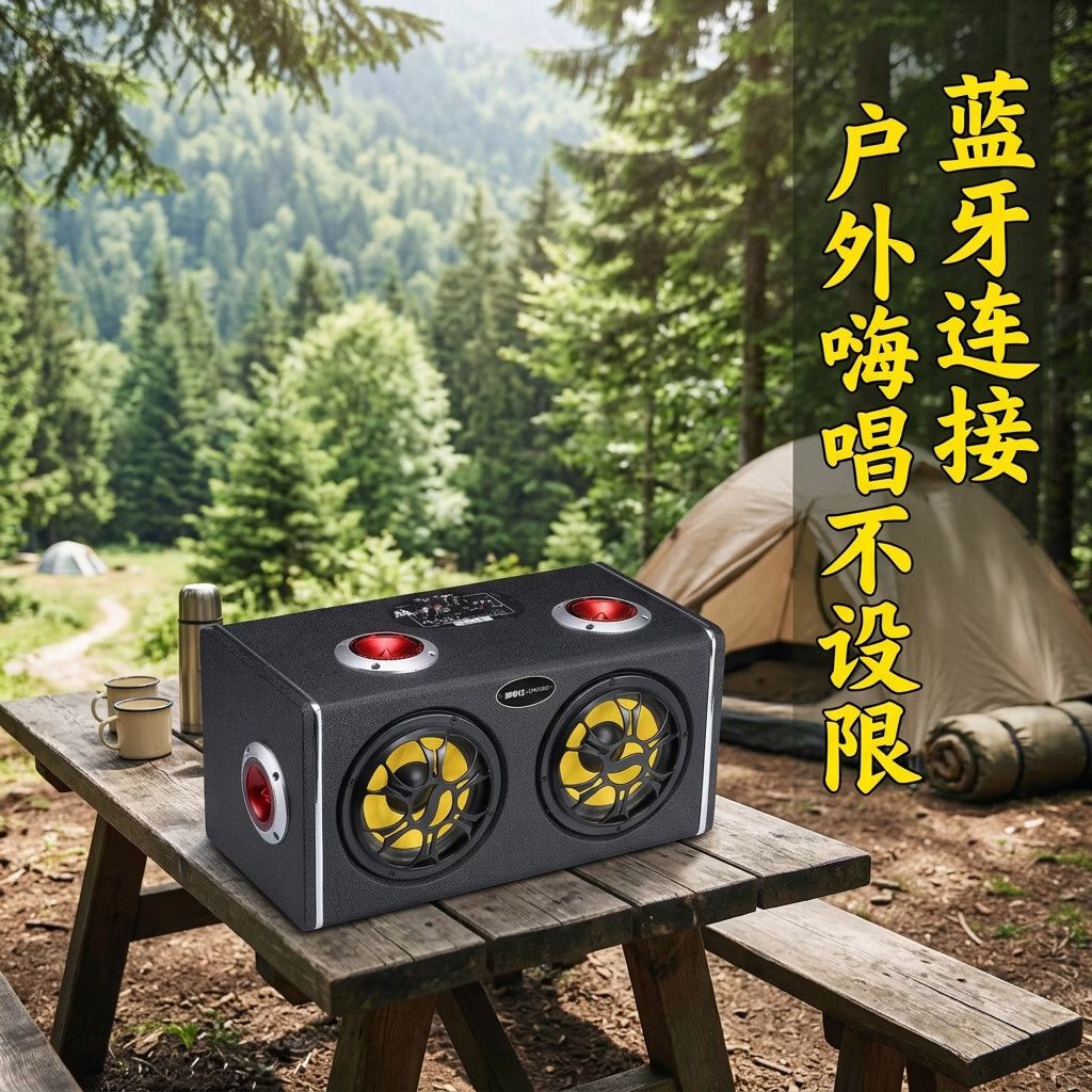 雅奇仕车载低音炮户外蓝牙音箱超重低音有源汽车音响大喇叭高音质USB插卡音乐播放器12V/24V/220V多用U盘 5英寸双低音4高音【6喇叭好音质/全木质箱体/U盘TF卡】 蓝牙充电版+双无线话筒