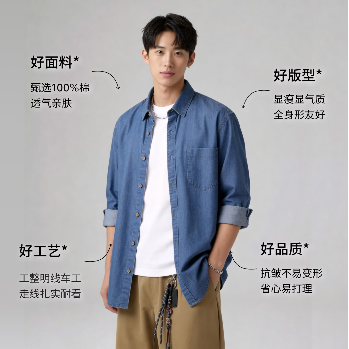 【京东直采】纯棉牛仔衬衫男女26秋文艺百搭长袖通勤休闲上衣外套 【100%棉】浅蓝色 M (建议100-120斤)卡码拍大