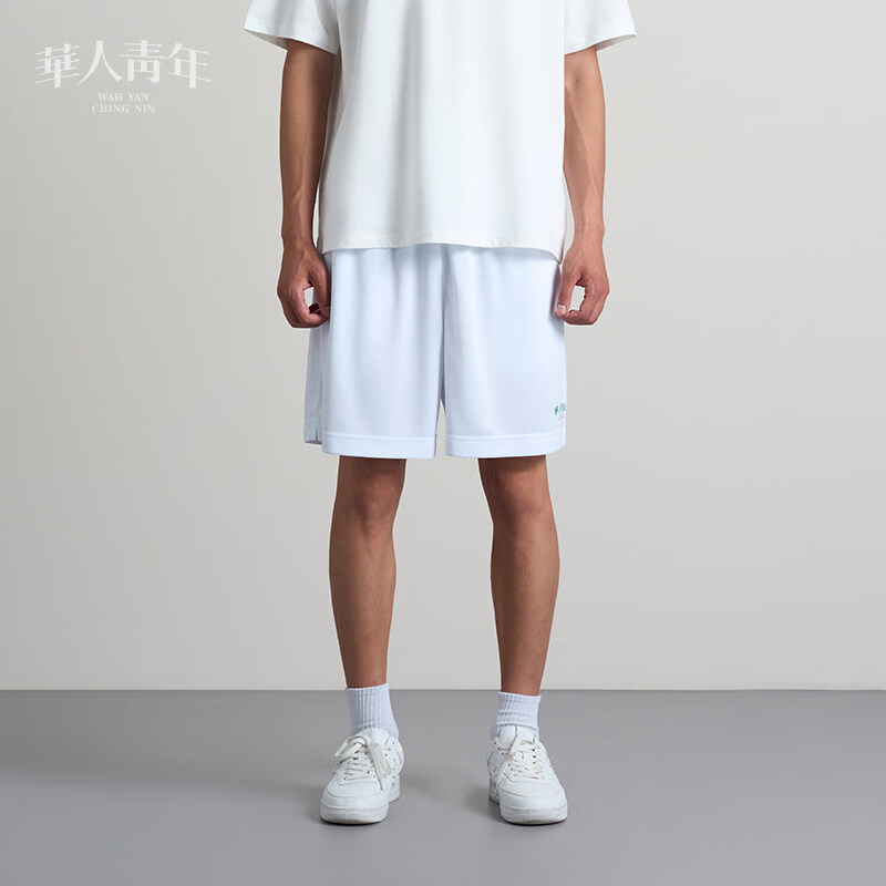 華人青年基础款小logo印花网眼透气短裤潮牌情侣宽松休闲运动裤 黑色 S