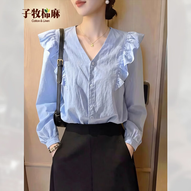 子牧棉麻2026秋装 女时尚百搭小衫法式小众宽松长袖衬衫上衣8579 蓝色 M (建议95-115斤)