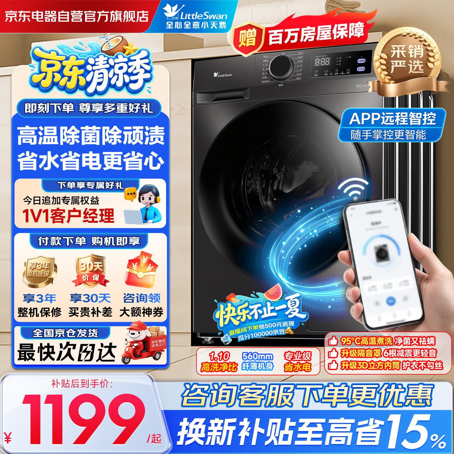 小天鹅（LittleSwan）滚筒洗衣机全自动家用 10KG大容量 一级变频节能 APP远程智控高温除菌螨TG100V098Pro 国家补贴