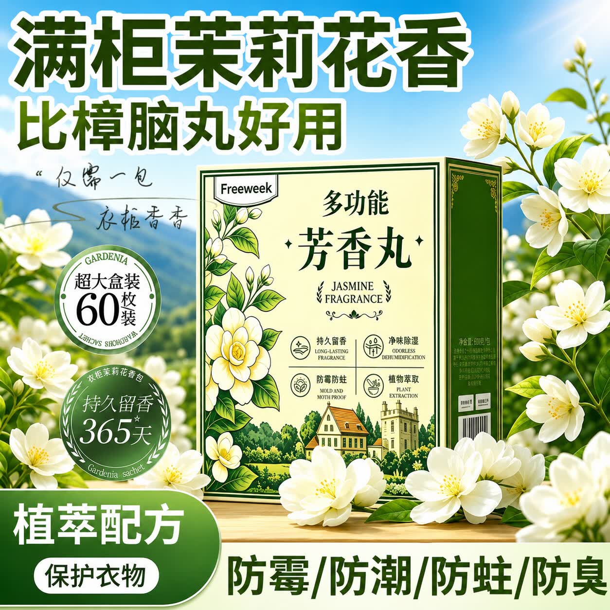 FREEWEEK茉莉花香樟脑丸衣柜衣物防虫防霉防潮湿除湿除臭香薰包驱虫干燥剂