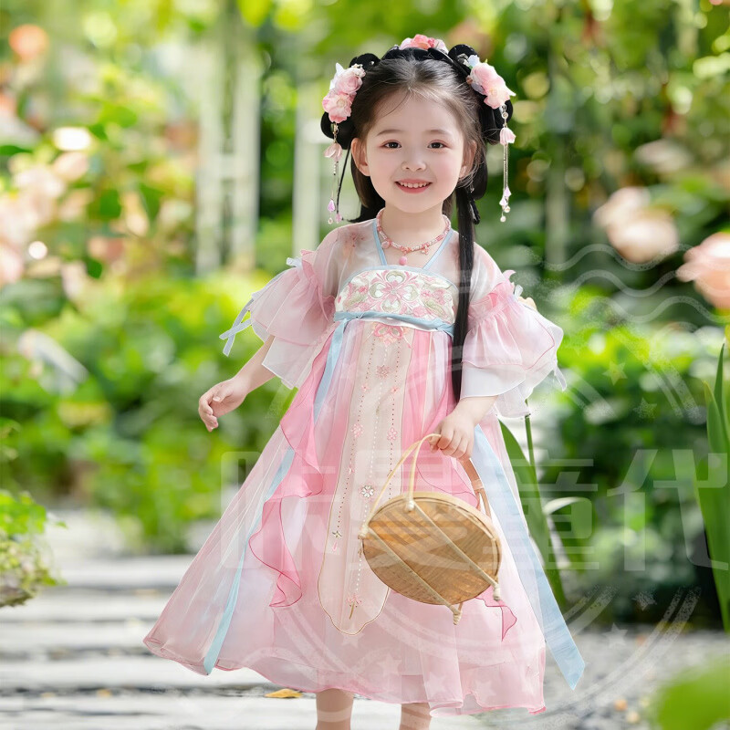 汉服女童2026新款洋装儿童国风古装礼服小女孩古风飘逸公主裙 桃桃露洋装+团扇(+头花、眉心贴) 160