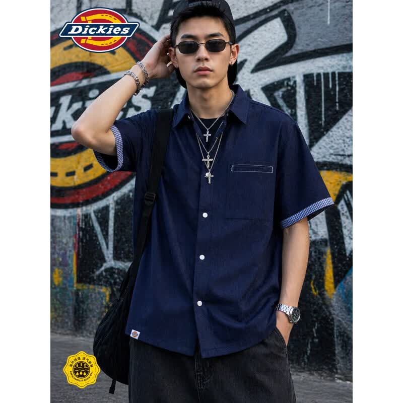 Dickies美式潮牌仿牛仔工装衬衫短袖男款夏季新款百搭辑明线宽松上衣服装 海军蓝 2XL
