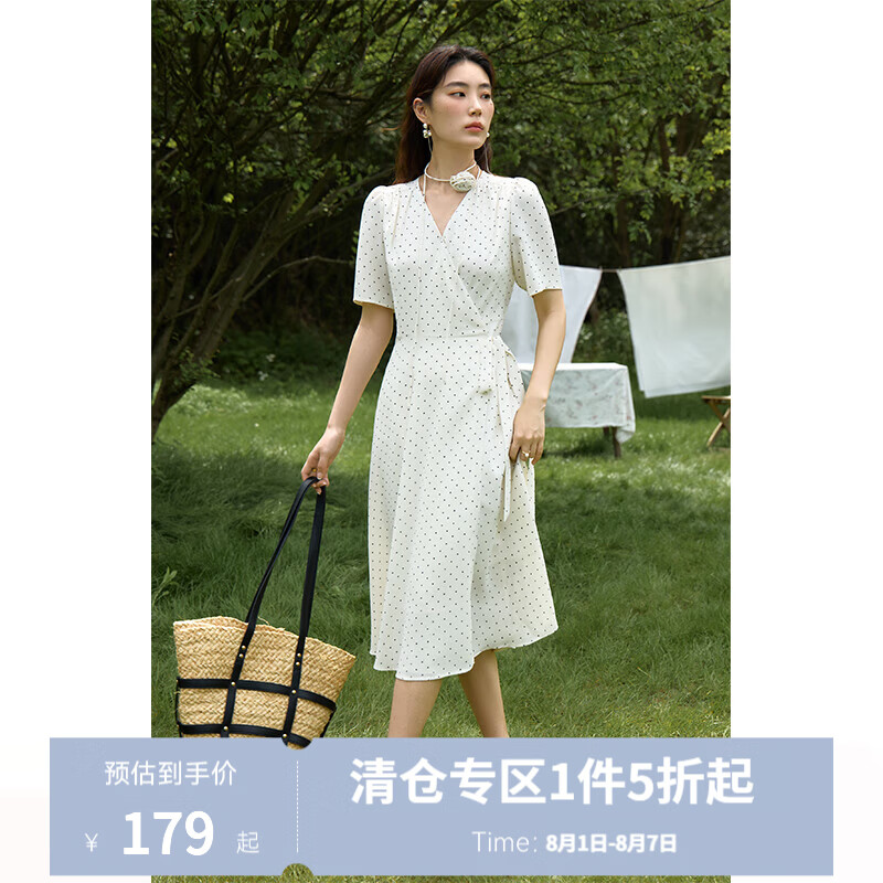 独束大码女装法式V领复古波点连衣裙夏季新款微胖mm灵动百搭女裙 米白 M (尺码：1)