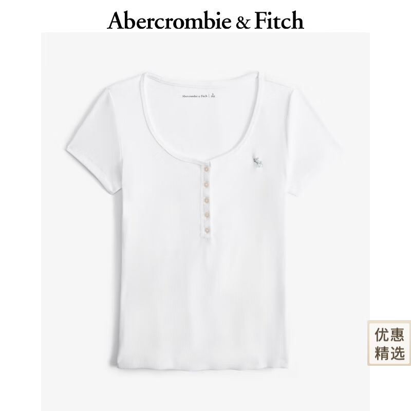 Abercrombie &amp; Fitch【多色亨利领】小麋鹿图案女装25夏季修身短袖T恤 白色 XL (170/112A)