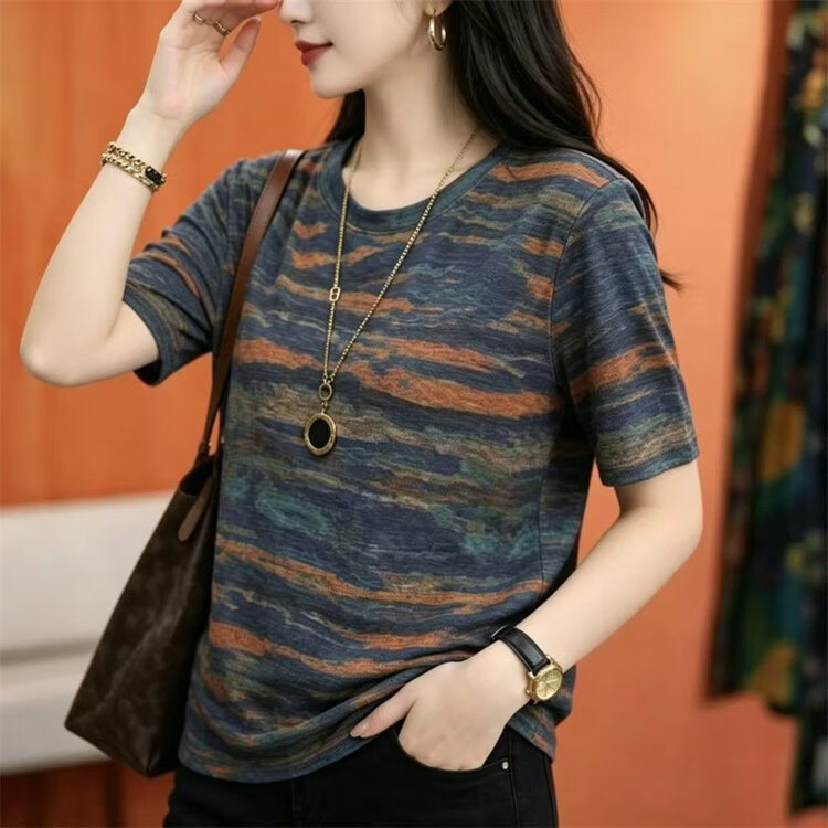 【专柜品质】爆款复古条纹印花夏季宽松短袖T恤女显瘦上衣 图片色 2XL （建议130-140斤）