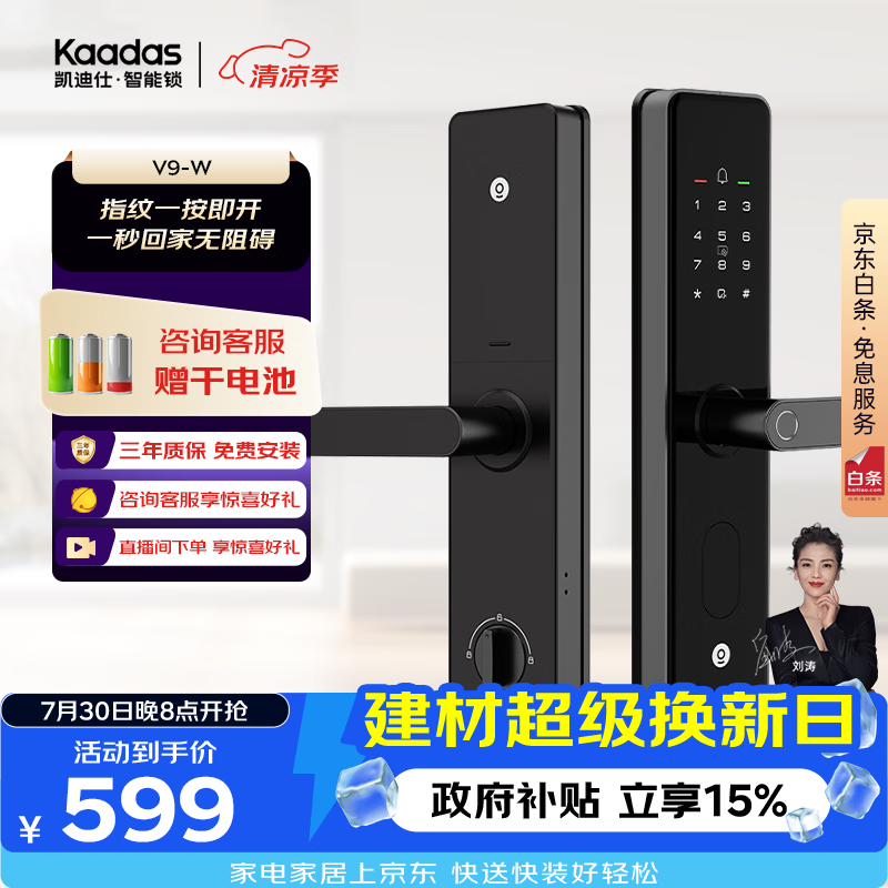 凯迪仕（KAADAS）智能门锁 指纹识别 防盗门锁密码锁 入户门电子智能锁 V9-W