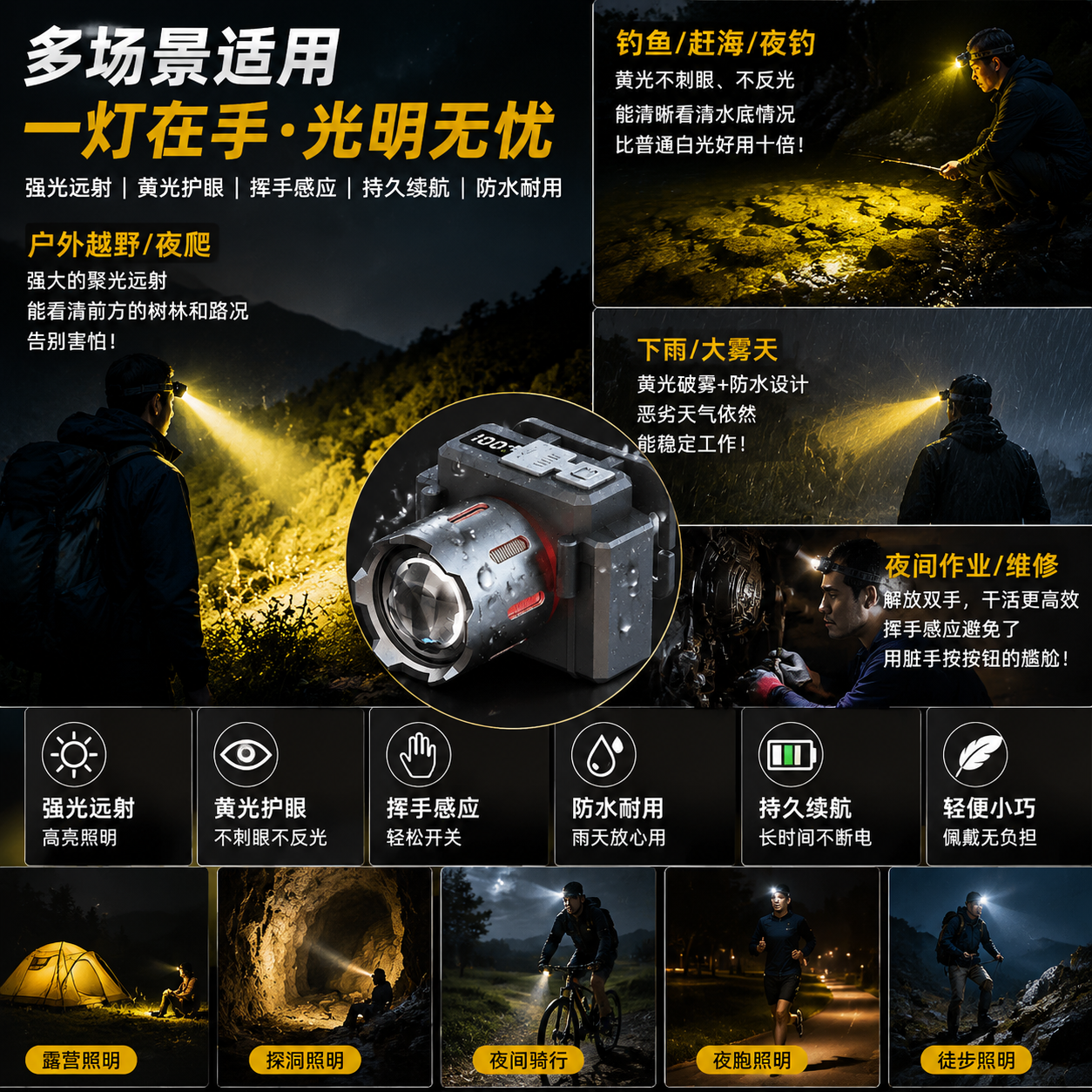 LZJV高品质头灯充电超亮户外夜钓专用防水变焦应急矿灯长续航骑行照明 【德国品质】白/黄双激光无感应 续航俩通宵丨伸缩变焦【内置双锂电池】