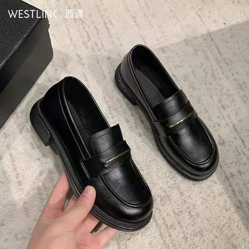 西遇（Westlink）乐福鞋女2024新款秋季简约法式一脚蹬小皮鞋通勤黑色单鞋 黑色 36 (230)