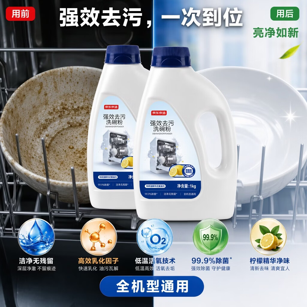 京东京造强效去污洗碗粉1kg*2瓶 洗碗机洗涤清洁剂洗碗块洗涤粉耗材全机型