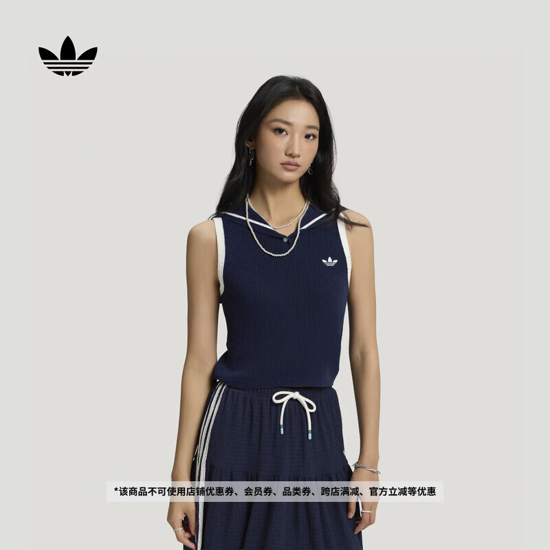 adidas南法假日度假风针织运动无袖POLO衫女装夏季阿迪达斯三叶草   深靛蓝/汉玉白   XXS