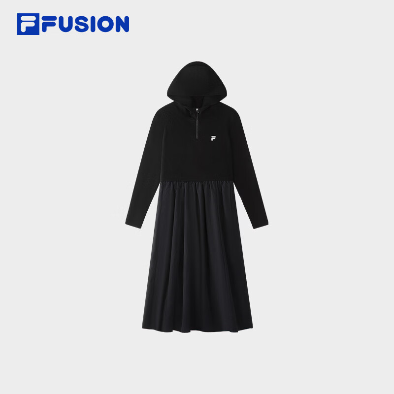 FILA FUSION 斐乐潮牌连衣裙26冬新款女士休闲基础拼接连帽裙子 正黑色-BK S 160/80A/S