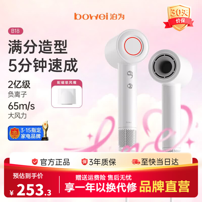 BOWEI泊为B18锦江维也纳酒店同款高速吹风机大风力速干家用负离子不伤发电吹风筒玉霜白