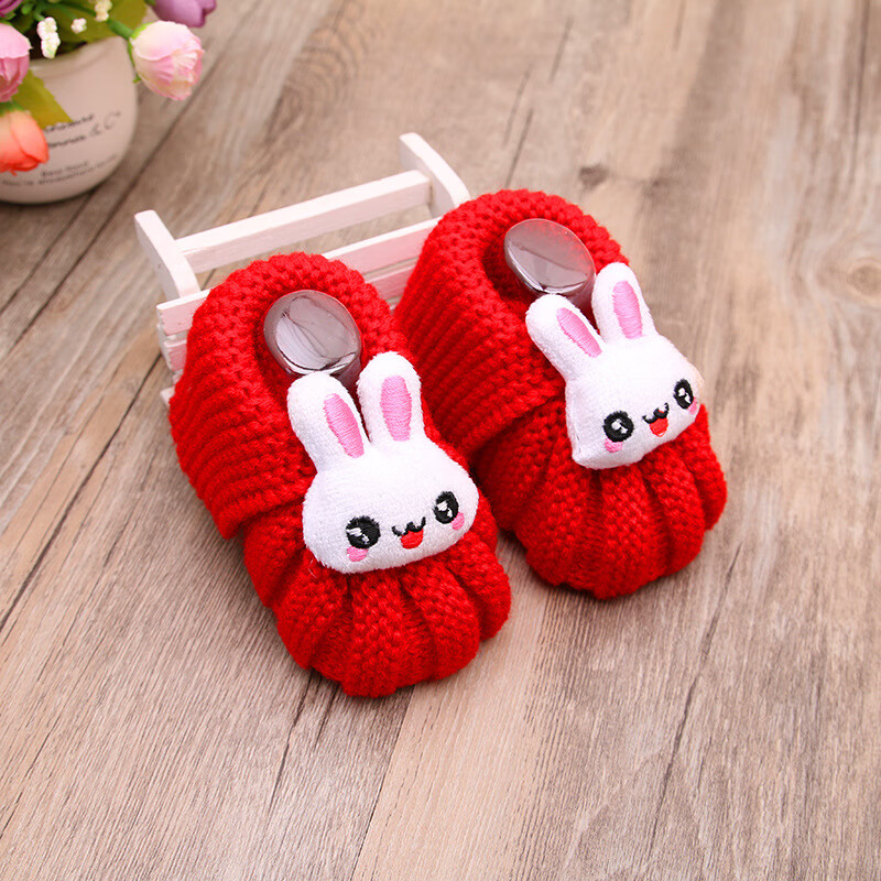 楚歌质优品 婴儿毛线鞋0-3-6个月手工编织男女宝宝鞋子防掉步前鞋袜 大红兔头 均码