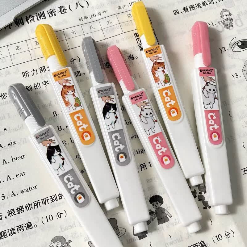 CRHMMFLF修正笔涂改液办公白色学生笔式无痕修正液覆盖力强改正液快干 可爱猫咪306 3瓶装(实用快干)