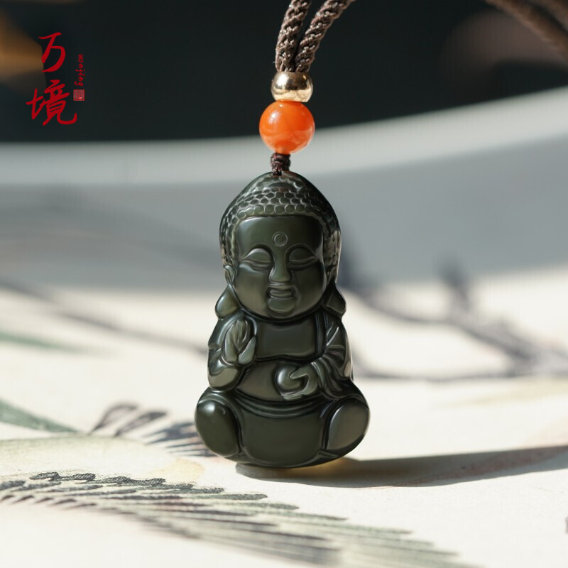 万境 黑曜石小佛吊坠女生日礼物孩子儿童玉挂件礼物送朋友弥勒佛宝宝