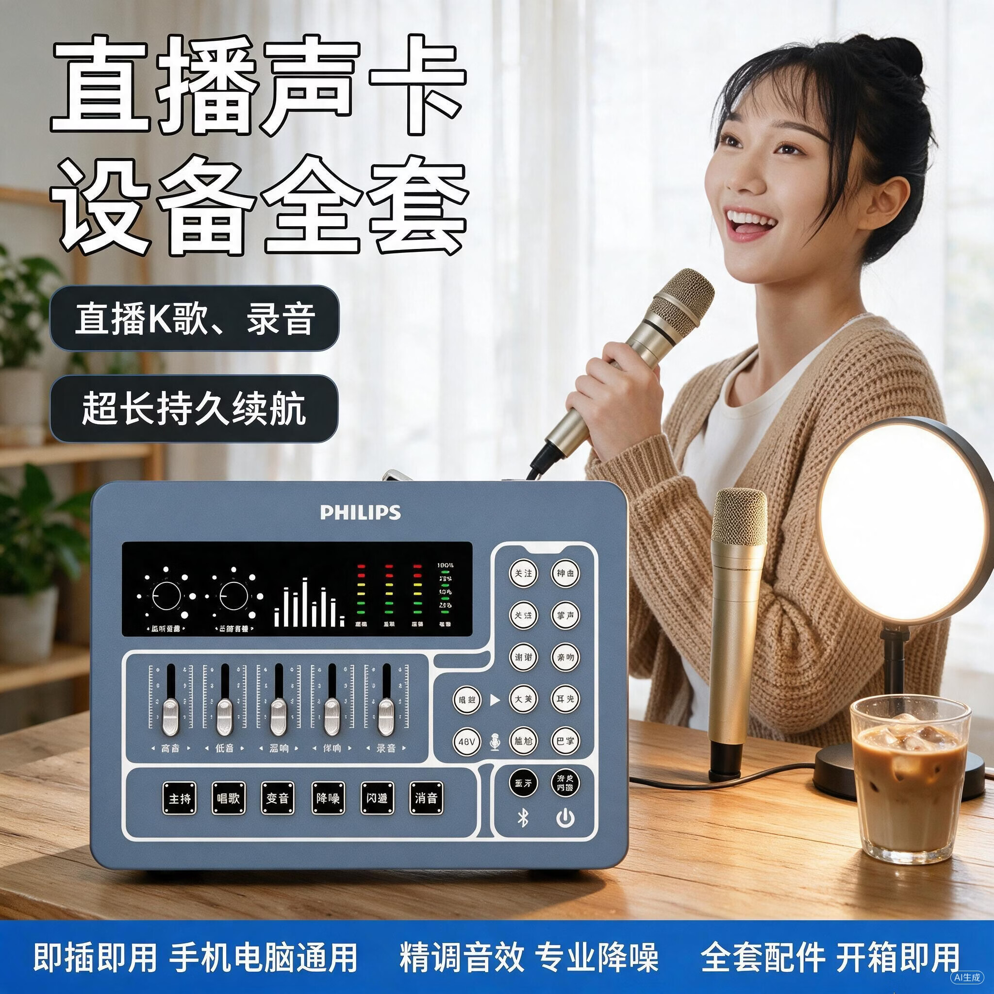 飞利浦(PHILIPS)3031C声卡 手机平板电脑直播专业声卡麦克套装设备 主播直播唱歌录音户内外便携套装即插即用 3031C+3022 48v大振膜麦