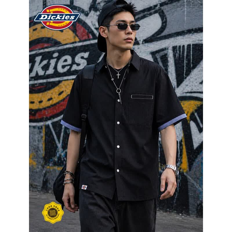 Dickies美式潮牌仿牛仔工装衬衫短袖男款夏季新款百搭辑明线宽松上衣服装 海军蓝 2XL