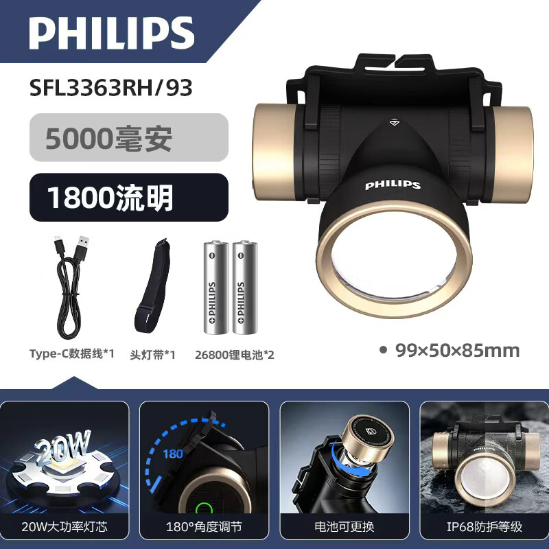飞利浦(PHILIPS)头灯强光超亮长续航钓鱼头灯骑行灯自行车应急灯夜钓头戴式登山灯 SFL3363RH/93配2节电池-到手10000毫安-1800流明