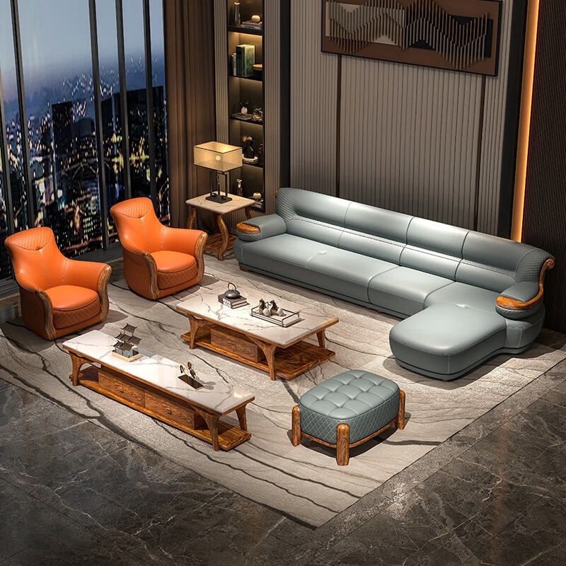 新中式乌金木真皮沙发组合 现代简约实木头层牛皮北欧客厅沙发 3+左贵妃3米 组合