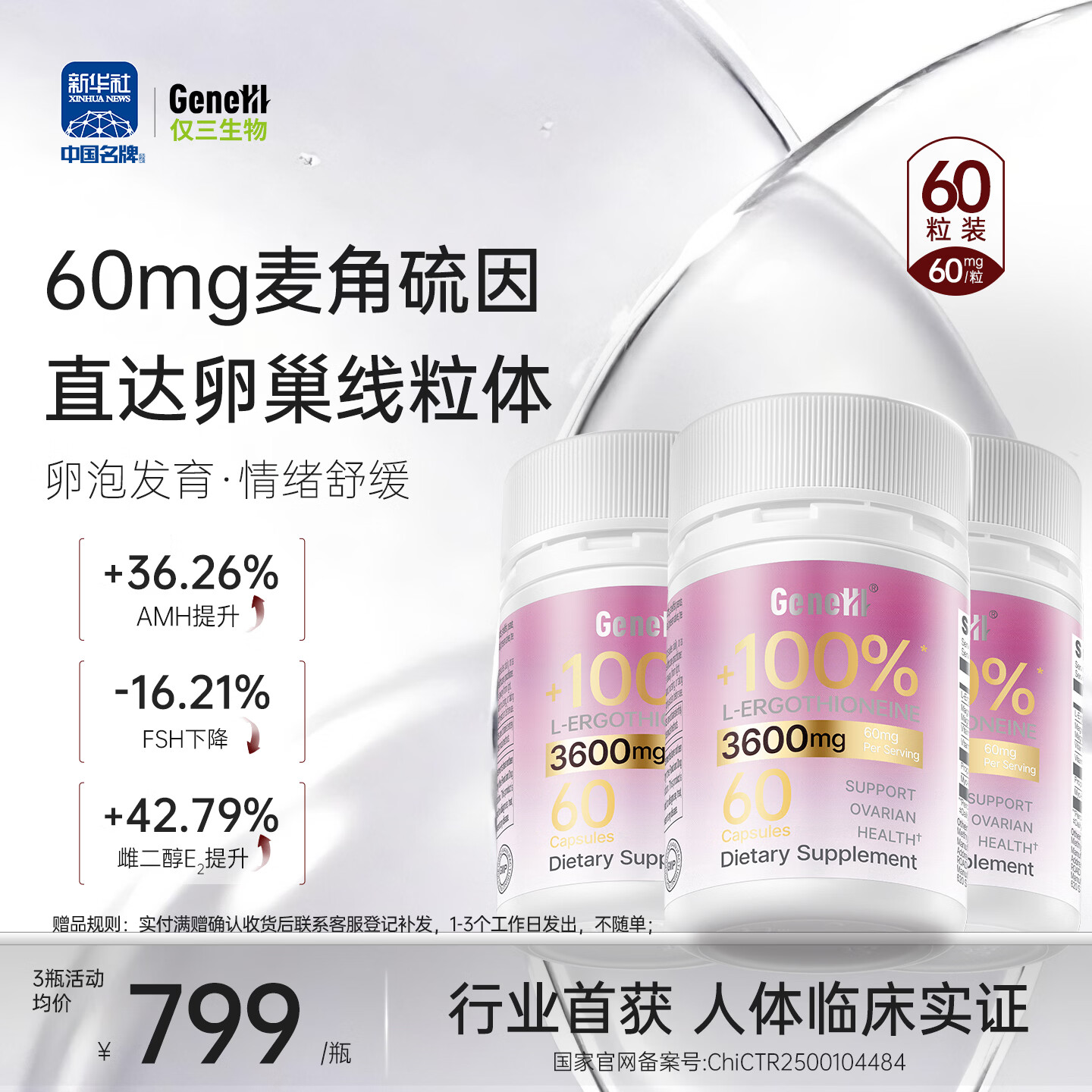 GENEIII仅三麦角硫因营养胶囊99.99%纯度60mg/粒 K2+D3+肌醇卵巢保养女性 【卵巢养护周期】 60粒*3瓶 （90天焕活）