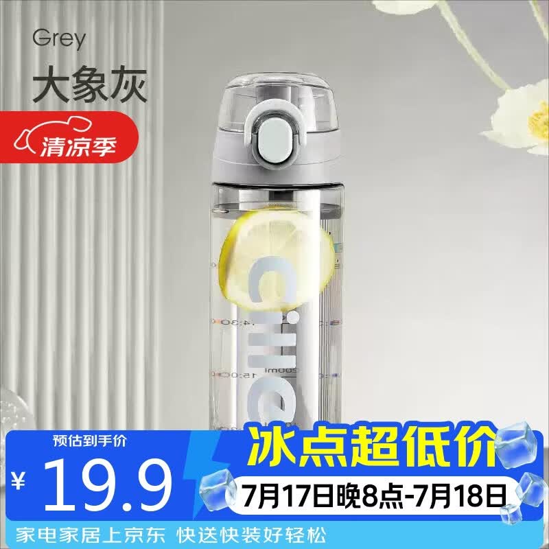 希乐（cille）塑料水杯tritan男女学生大容量便携户外运动健身随手杯子灰600ml