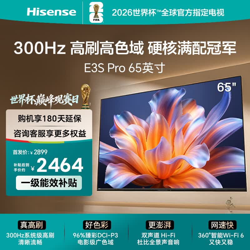 海信电视E3S Pro 65吋 96%色域高刷  杜比全景声U+超画质引擎Pro 无频闪低蓝光E3NHPro升级能效补贴
