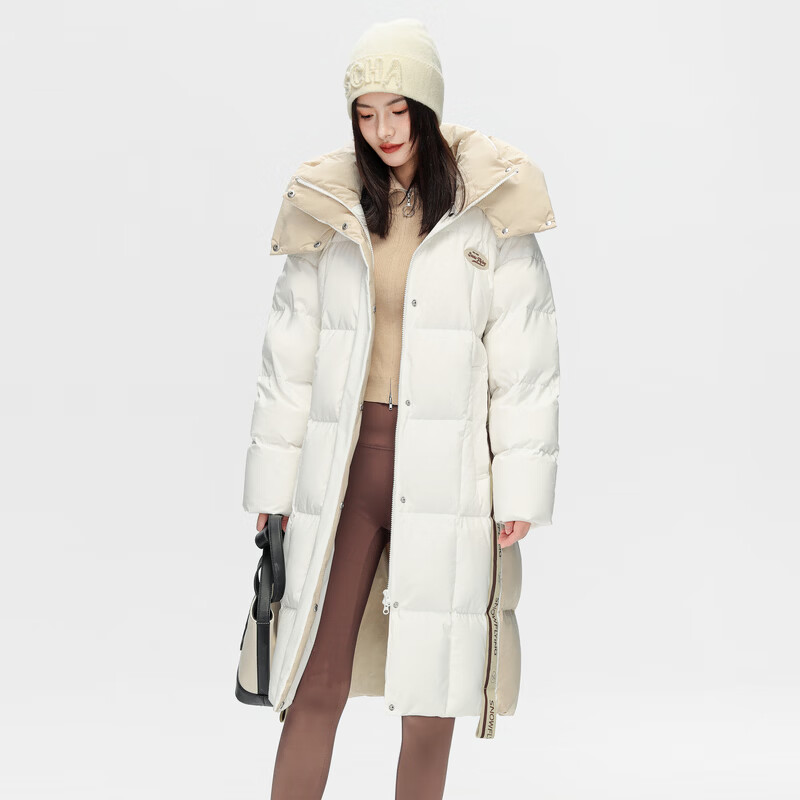 雪中飞羽绒服女中长款H版型修身显瘦高充绒保暖羽绒服 糙白|8003 M /165/88A