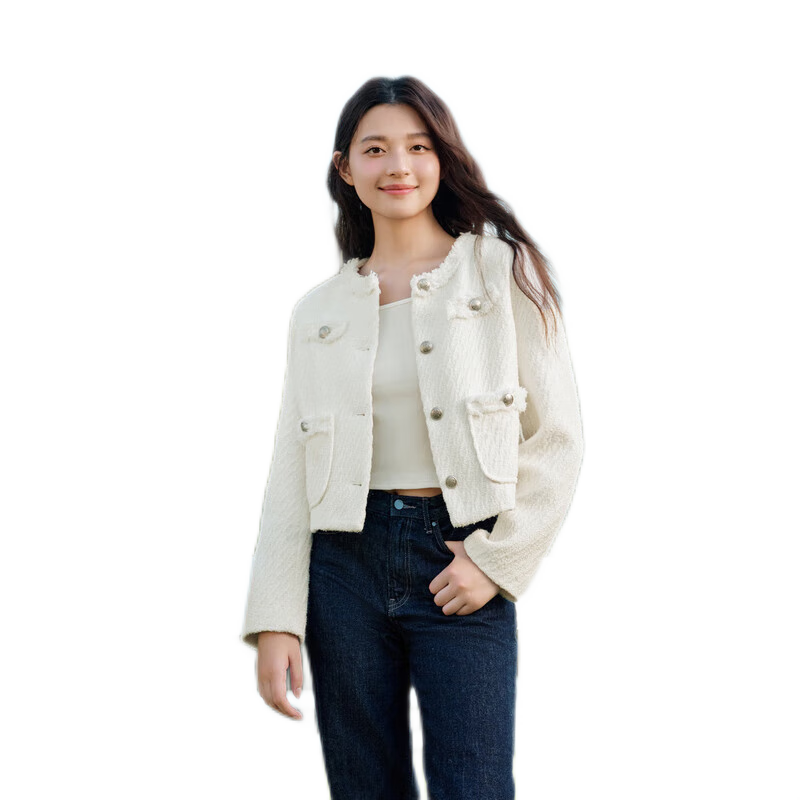 森馬外套女短款墊肩流蘇優(yōu)雅春秋小香風(fēng)修身粗花呢109524108010
