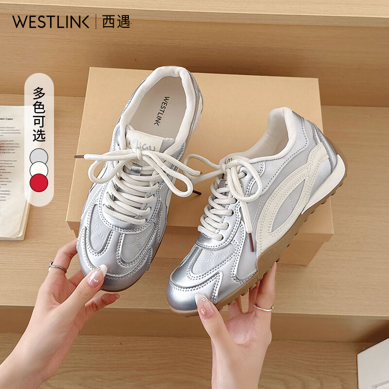 西遇（Westlink）芭蕾风德训鞋女2026秋季新款绝美复古运动鞋单面透气阿甘鞋 银色 预售10.16 38 (240)