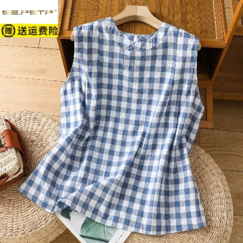 夏典素订女王(SE.PSTP)文艺蓝色格子棉麻背心女夏季外穿休闲减龄显瘦无袖衬衫亚麻上衣薄 图片色 L 115-130斤