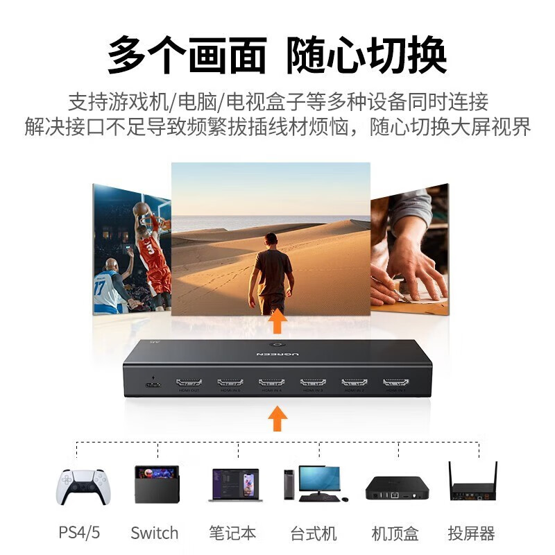 绿联 HDMI切换器五进一出 5进1出 4K高清视频切屏器 笔记本电脑机 HDMI1.4切换器【5进1出】4K/30H