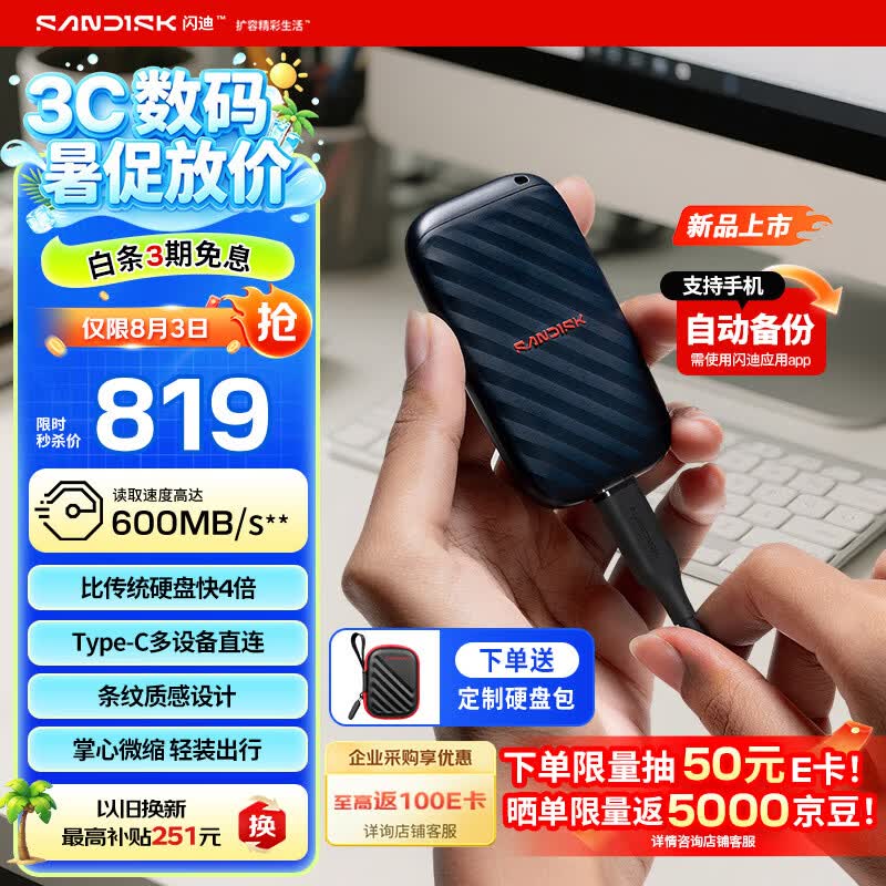 闪迪（SanDisk）精灵1TB 移动硬盘 ELE升级款 读速600MB/s  Type-C USB3.2手机直连笔记本电脑 外接存储  固态硬盘