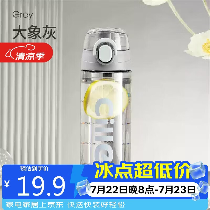 希乐（cille）塑料水杯tritan男女学生大容量便携户外运动健身随手杯子灰600ml