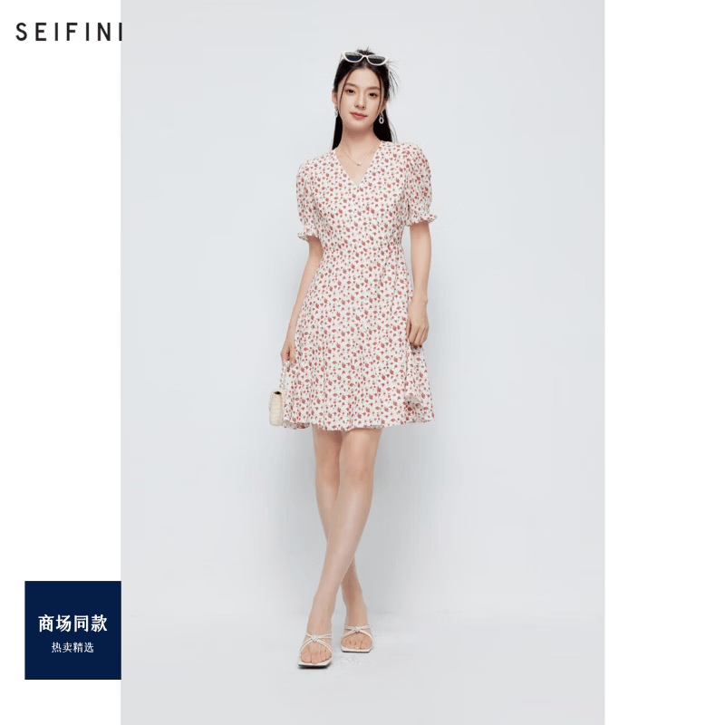 诗凡黎（‘S EIFINI）【商场同款】诗凡黎玫瑰红v领约会碎花连衣裙2024夏新款3F5190161 玫瑰红 S 155/80A
