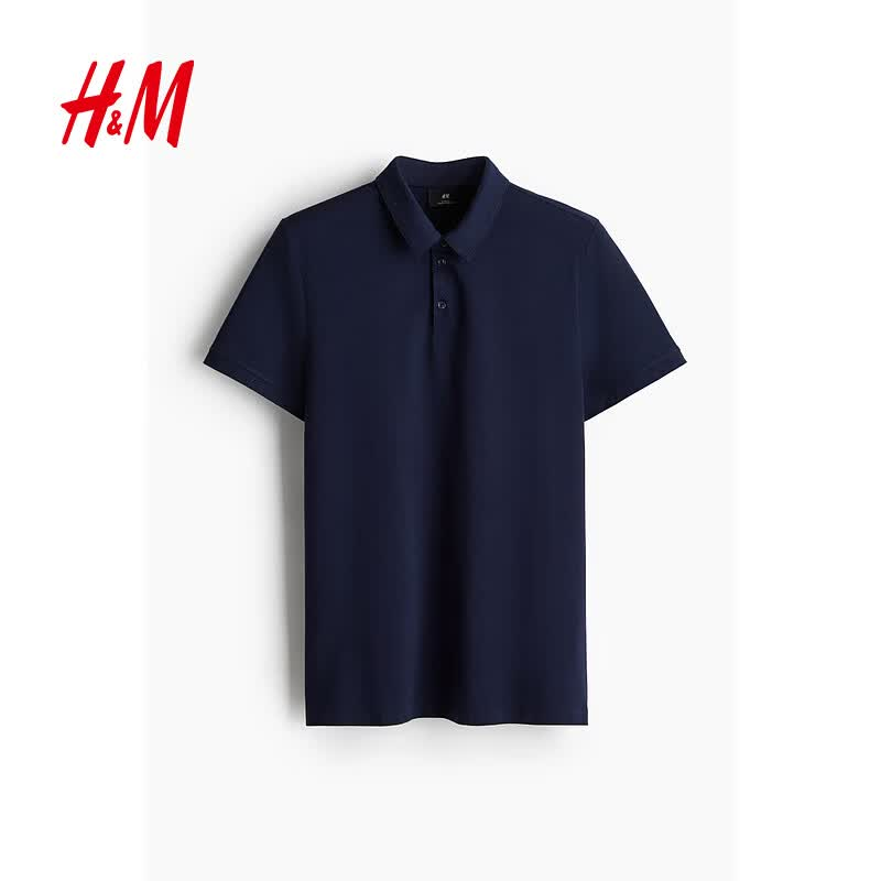 H&M男装Polo衫薄款正肩商务通勤风翻领时尚休闲短袖上衣0956343 海军蓝 S 170/92