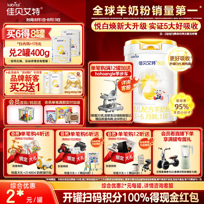 佳贝艾特（Kabrita）悦白婴儿配方羊奶粉 1段(0-6个月)800克 天然A2蛋白