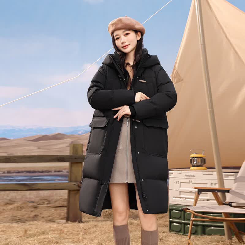 雪中飞中长款羽绒服女【清仓】百搭情侣羽绒服舒适连帽女士羽绒服鸭绒 黑色|8056-0092F S 165/88A