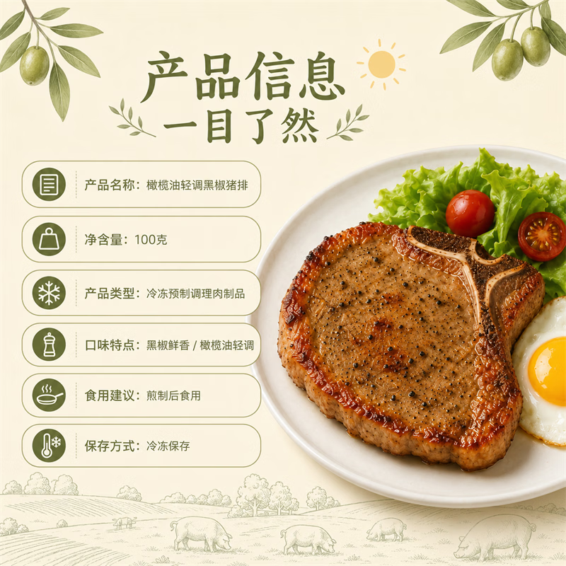 顶诺橄榄油轻调黑椒猪排半成品带骨大排猪扒空气炸锅食材商用 橄榄油黑椒猪排100g*10