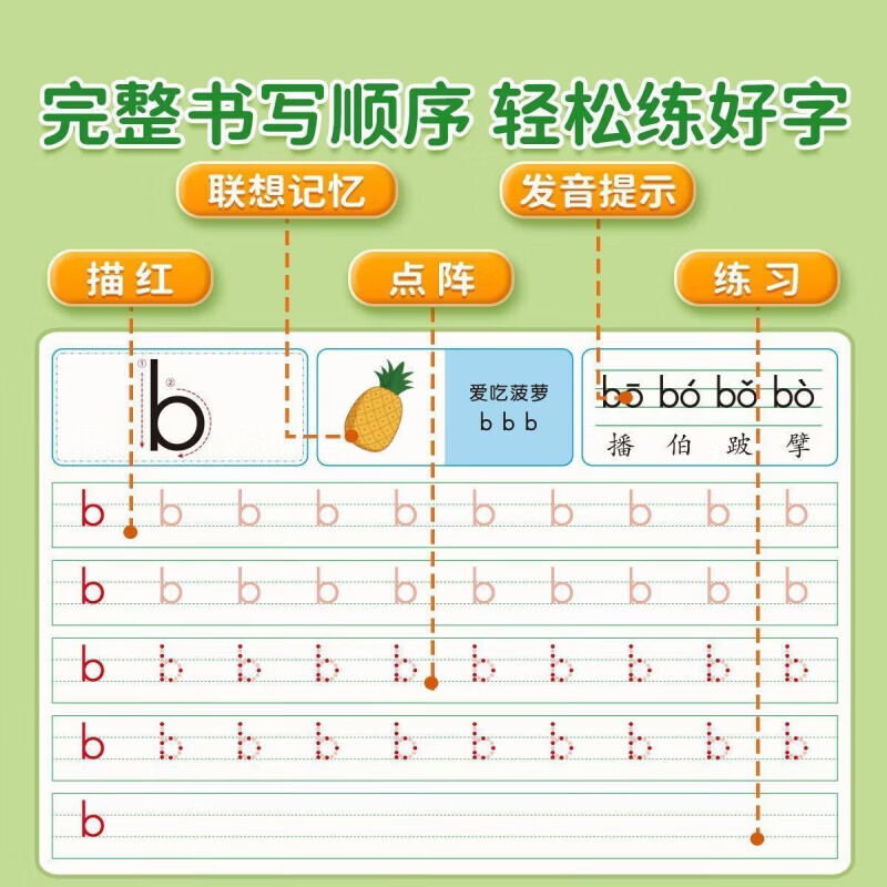 CRHMMFLF拼音练字帖幼小衔接描红本初学者一年级每日一练声母韵母硬笔描红 声+韵+整【三本加厚90页】